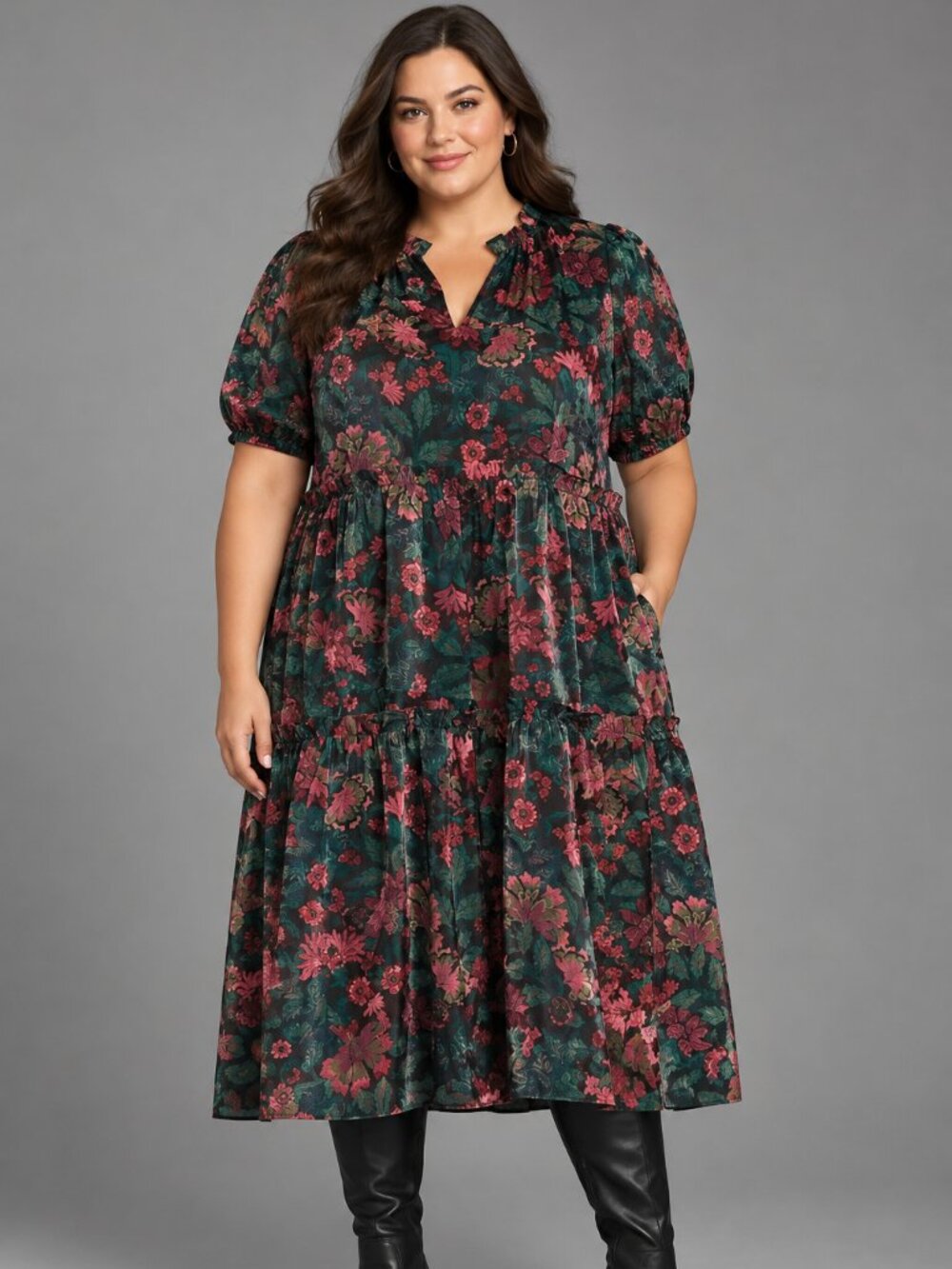 Sugarlips Organza Floral Midi Shift Dres Plus Sz 2X Tiered Side Pocket